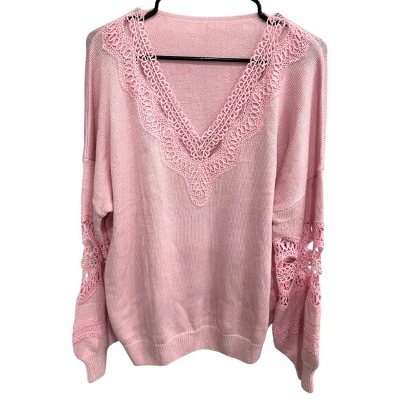 Relaxed Fit Pink Lace Trimmed Deep V Neck Sweater SZ Large Crochet Detail - Picture 1 of 10
